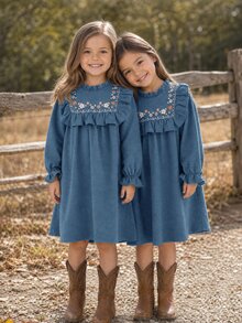 SHEIN Young Girl Woven Solid Color Floral Pattern Ruffle Hem Casual Dress - Blue - View 6