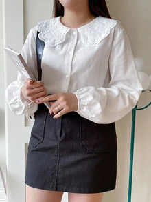 Dazy Plus Peter Pan Collar Loose Long Sleeve Versatile White Spring/Autumn New Shirt - White - View 4