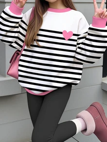 Tween女孩休閒極簡時尚經典黑白條紋配粉色Logo愛心圖案圓領長袖衛衣與內搭褲2件套，適合秋冬Y2K、Chill、舒適秋季與冬季風格，時髦秋季 - 彩色 - 查看 6