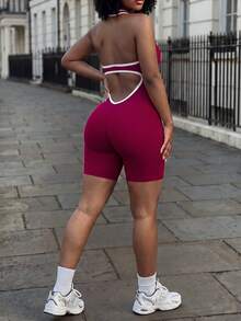 Rovax Backless Halter Neck Fitted Athletic Sporty Sexy Romper Gym Burgundy Summer - Red - View 5