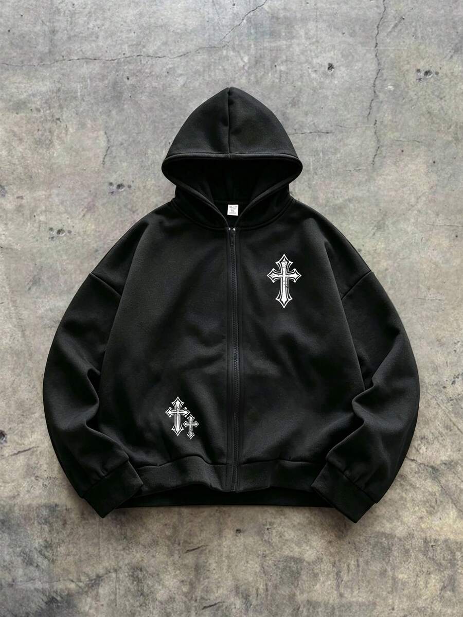 SHEIN 兒童青少年男孩休閒交叉圖案連帽衛衣,適合秋冬返校季節 - 黑色 - 查看 1