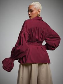 Vixey Two-Way Worn Solid Woven Pointed Collar Ruffle Cuff Button Down Blouse - Burgundy - View 5