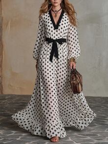 Trelyra Women's Fashion Elegant Polka Dot Pattern Lantern Sleeve Dress - White - View 1