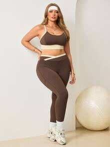 Easithlete Women's Plus Size Colorblock Cropped Camisole And Leggings Sports Set Gym Pilates Brown Summer Cow Girl - Multicolor - View 3