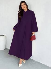 Firerie Set 2 Potong Jubah Panjang dan Gaun Kasual Warna Polos untuk Wanita Ukuran Besar - Purple - View 8
