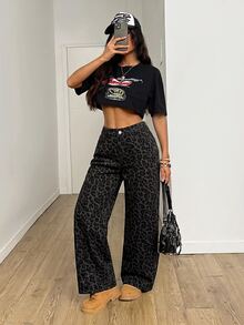 SHEIN PETITE 女款豹紋印花口袋寬腿寬鬆休閒百搭牛仔褲 - 彩色 - 查看 4