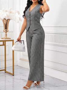 SHEIN Lady 女款條紋單排扣背心與寬腿褲休閒通勤兩件套 - 黑色 - 查看 3