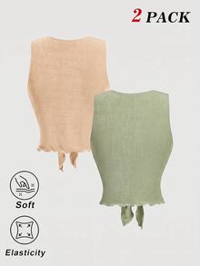 SHEIN MOD 2件組 V領前綁帶背心，極簡時尚、嬉皮、街頭風、波希米亞、熱帶度假風、辣妹風、性感、西部風上衣、Rave上衣 - 卡其色 - 查看 3