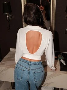 Glamine 女款優雅性感長袖V領露背短版上衣 - 白色 - 查看 2