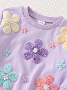 SHEIN 女嬰 3D 花朵衛衣與條紋內搭褲套裝 - 紫色 - 查看 10