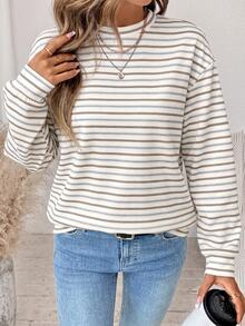 SHEIN LUNE 女款條紋圓領落肩長袖休閒寬鬆衛衣 - 白色 - 查看 3