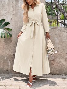 SHEIN Clasi 女款新款優雅襯衫領前綁帶長洋裝，綠色，適合通勤、日常穿著及各種場合 - 卡其色 - 查看 1