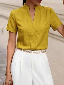 Editum Women's Short-Sleeved Mandarin Collar Linen-Like Tank Top, Versatile And Slimming For Commuting - Yellow - View 5