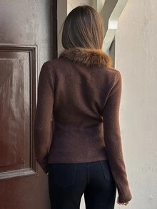 Aloruh Vintage Fashion Fur Collar Patchwork Pullover Long Sleeve Sweater - Coffee Brown - View 2