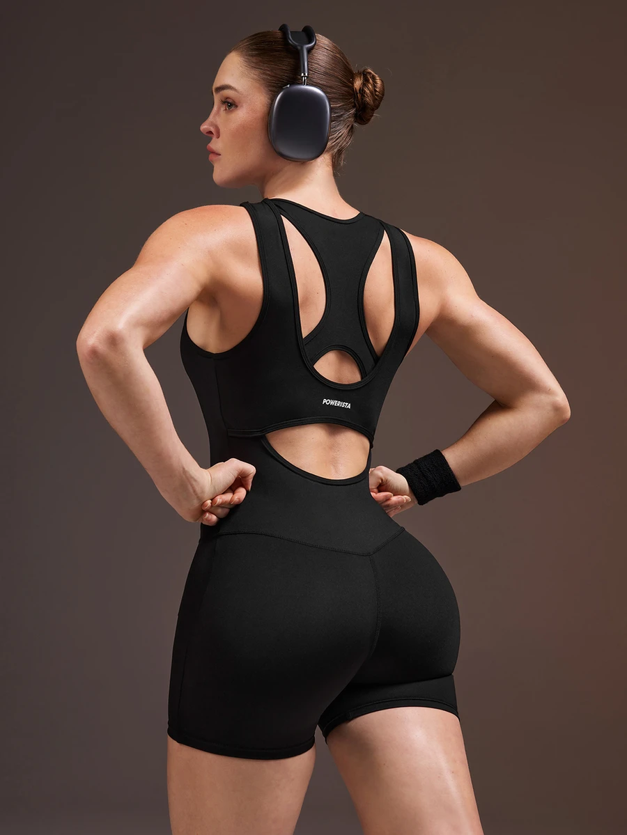 Powerista Women's Black Wide Strap Short Leg Backless Round Neck Zipper Half-Open Front Fitted Jumpsuit - Black - View 1