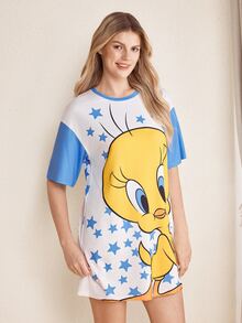 LOONEY TUNES X SHEIN Women's Pentagram Print Round Neck Drop Shoulder Casual Nightgown - Blue and White - View 4