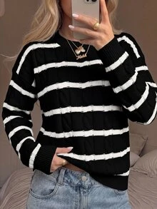 SHEIN Girlism 青少年女孩校園復古學院風黑白條紋長袖圓領秋季毛衣 - 黑色 - 查看 3