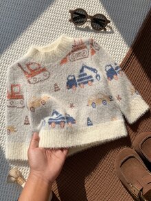 SHEIN 男嬰秋冬休閒可愛汽車圖案毛衣，嬰兒毛衣，毛絨毛衣 - 彩色 - 查看 3