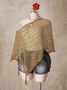 SHEIN ICON 女款大尺碼不對稱下擺不對稱肩帶流蘇針織上衣 - 卡其色 - 查看 3