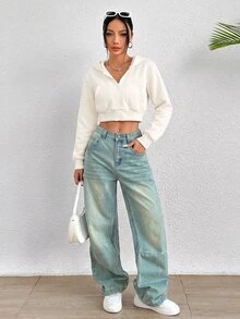 SHEIN PETITE Y2K 拉鍊短版連帽衛衣 秋冬款 - 米色 - 查看 9