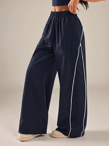 SHEIN PETITE Women's Autumn/Winter Street Style Vintage Holiday Outing Back To School Basic Black Wide Leg Pants, Essential For Daily Wear - Navy Blue - View 3