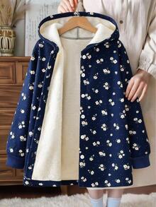 SHEIN Elladie kids 女童連帽厚抓絨復古碎花中長款秋冬外套 - 藏蓝色 - 查看 5