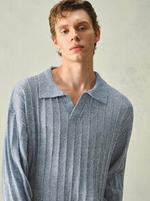 RONVEXI Men's Spring/Summer New Polo Collar Floral Print Versatile Long Sleeve Half-Button Pullover - Dusty Blue - View 6
