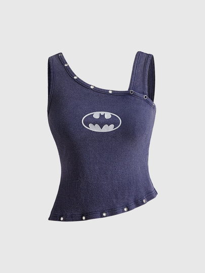 Batman X ROMWE Top da donna in maglia lavata blu scuro con stampa in foglia d'argento e spalla asimmetrica, collaborazione IP