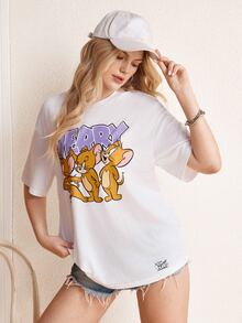 TOM & JERRY X SHEIN Kaos Lengan Pendek Kasual Wanita Motif Kartun Huruf untuk Sehari-hari - Putih - View 8