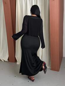 GalTyme Plus Size Women's Summer Asymmetrical Shoulder Long Sleeve Top And Tank Dress 2 Pieces Set - Black - View 2