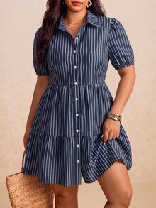 SHEIN Essnce 大尺碼女款條紋百褶休閒日常夏季洋裝 - 藏蓝色 - 查看 3