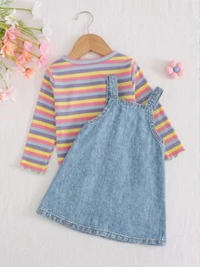 Baby Girl Colorful Striped Round Neck Long Sleeve Pullover Top & Floral Pattern Suspender Dress 2-Piece Set - Blue - View 2