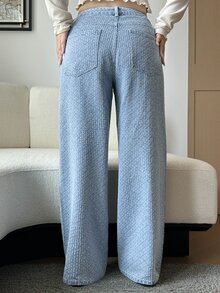 Dazy Plus Dark Background Textured Striped Loose Casual Elegant Straight Leg Denim Jeans - Medium Wash - View 4