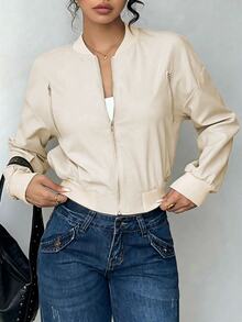 SHEIN LUNE Women's Solid Color Long Sleeve Zip-Up Baseball Jacket - Light Grey - View 5
