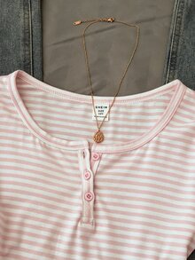 SHEIN 青少年女孩針織粉色條紋寬鬆大碼圓領長袖休閒T恤 - 粉色 - 查看 3