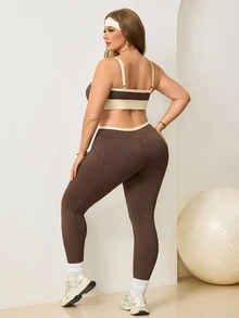 Easithlete Women's Plus Size Colorblock Cropped Camisole And Leggings Sports Set Gym Pilates Brown Summer Cow Girl - Multicolor - View 2