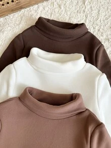 LMoss Kids 兒童嬰兒男童女童通用純色刷毛加厚高領針織柔軟長袖套頭上衣 3件組，適合秋冬冬季 - 彩色 - 查看 5