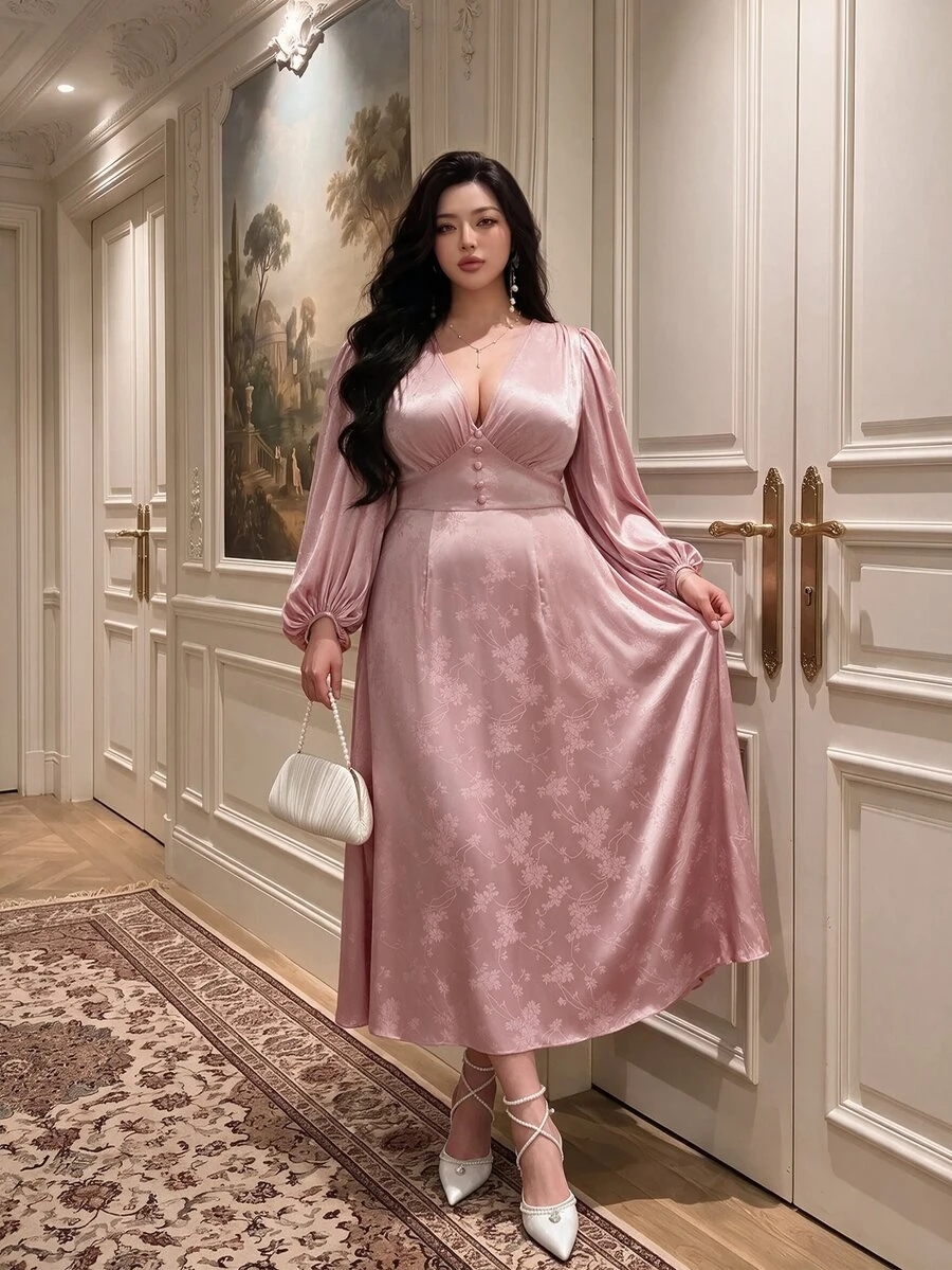 Vibekara New Spring Elegant Princess Style Sweet Jacquard Textured Fabric V-Neck Princess Seam Ruched Puff Long Sleeve Dress For Women, Formal Ball Gown - Pink - View 1