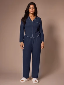 Lazeform Minimalist Contrast Trim Ribbed Plus Size Pajama 2 Pieces Set, Lapel Long Sleeve Cardigan, Soft & Comfortable Loungewear Set - Navy Blue - View 4