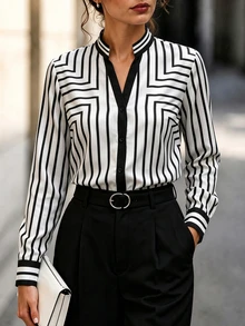 EMERY ROSE Casual Commute Striped Long Sleeve Shirt - Black and White - View 3