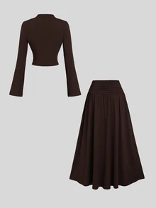 Sweetra Women's New Spring Summer Autumn Winter Outfit Half-High Neck Solid Color Top And Ruched Waist Skirt Set, Suitable For Travel, Commuting, Shopping, Dating, Dining, Versatile 2-Piece Set - Brown - View 2