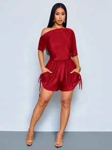 SOLERSUN Sexy Elegant Casual Women's Brown Asymmetrical Shoulder Design Jumpsuit Spring Summer - Burgundy - View 5