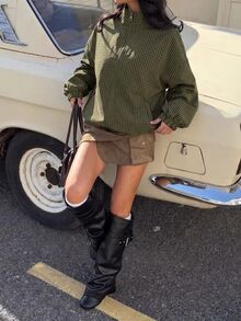 Muchica 格紋編織女款薄款夾克 - 軍綠色 - 查看 7