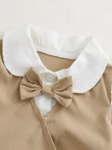 SHEIN 女童小翻領雙排扣百褶下擺長袖 2 合 1 連身裙，適合日常休閒、優雅可愛、通勤與校園風，春秋款 - 卡其色 - 查看 5