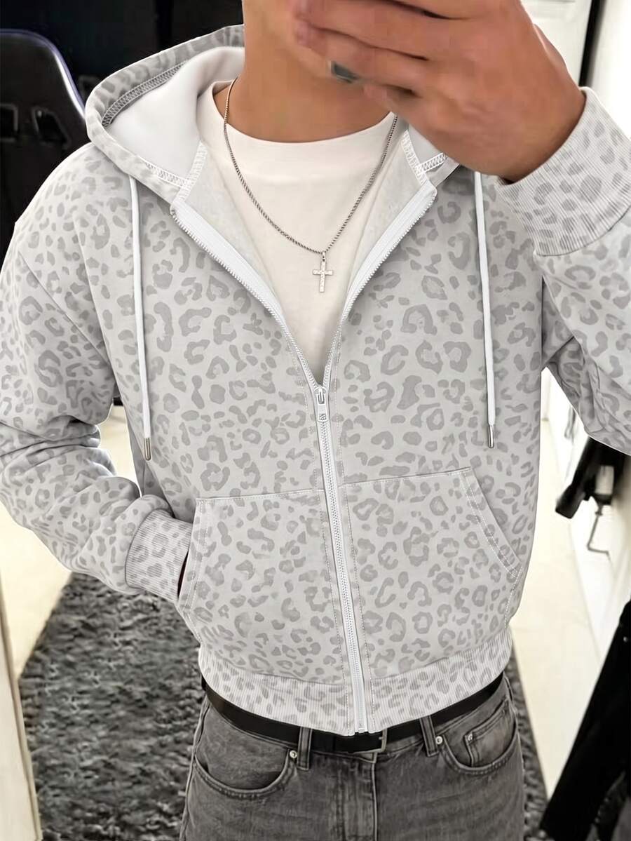 Resyla Men 男士外套 秋冬夾克 男士大衣 豹紋 灰色花卉 街頭攝影風 男士拉鍊連帽衫 - 彩色 - 查看 1