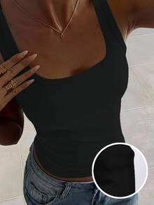 DAZY Women's Solid Color Square Neck Ribbed Slim Fit Casual Versatile Tank Top Fall - Black - View 1