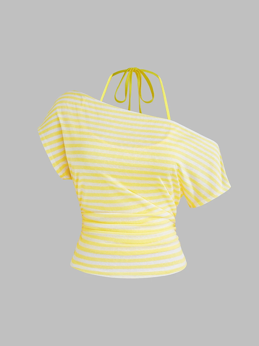 Sweetra Plus Size Striped Asymmetric Neck Spaghetti Strap T-Shirt, Shoulder Exposed, Ruched Waist, Short Length, Sexy Style, Tie Strap, Short Sleeve Top - Yellow - View 1