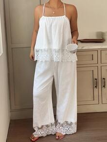 Dazy Plus Romantic Vacation Floral Textured Fabric Lace Patchwork Sleeveless Top & Long Pants Pajama Set - White - View 7