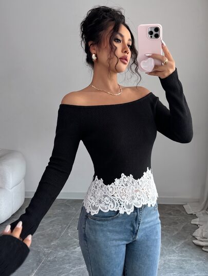 SHEIN Elenzya Autumn/Winter New Elegant Exquisite Women's Fashion Black Off-Shoulder Long Sleeve Slim Fit Lace Patchwork Knit Sweater For Daily Commute, Home, Date, Party, Outing