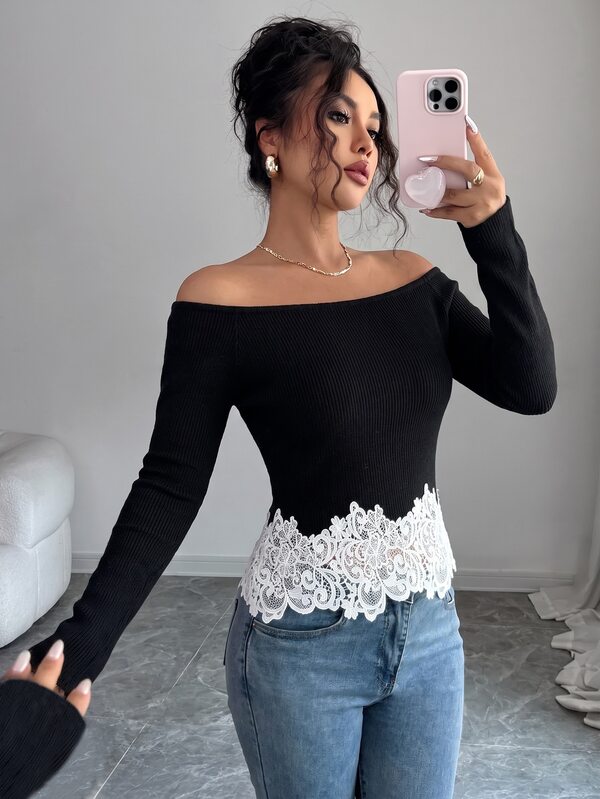 SHEIN Elenzya Autumn/Winter New Elegant Exquisite Women's Fashion Black Off-Shoulder Long Sleeve Slim Fit Lace Patchwork Knit Sweater For Daily Commute, Home, Date, Party, Outing